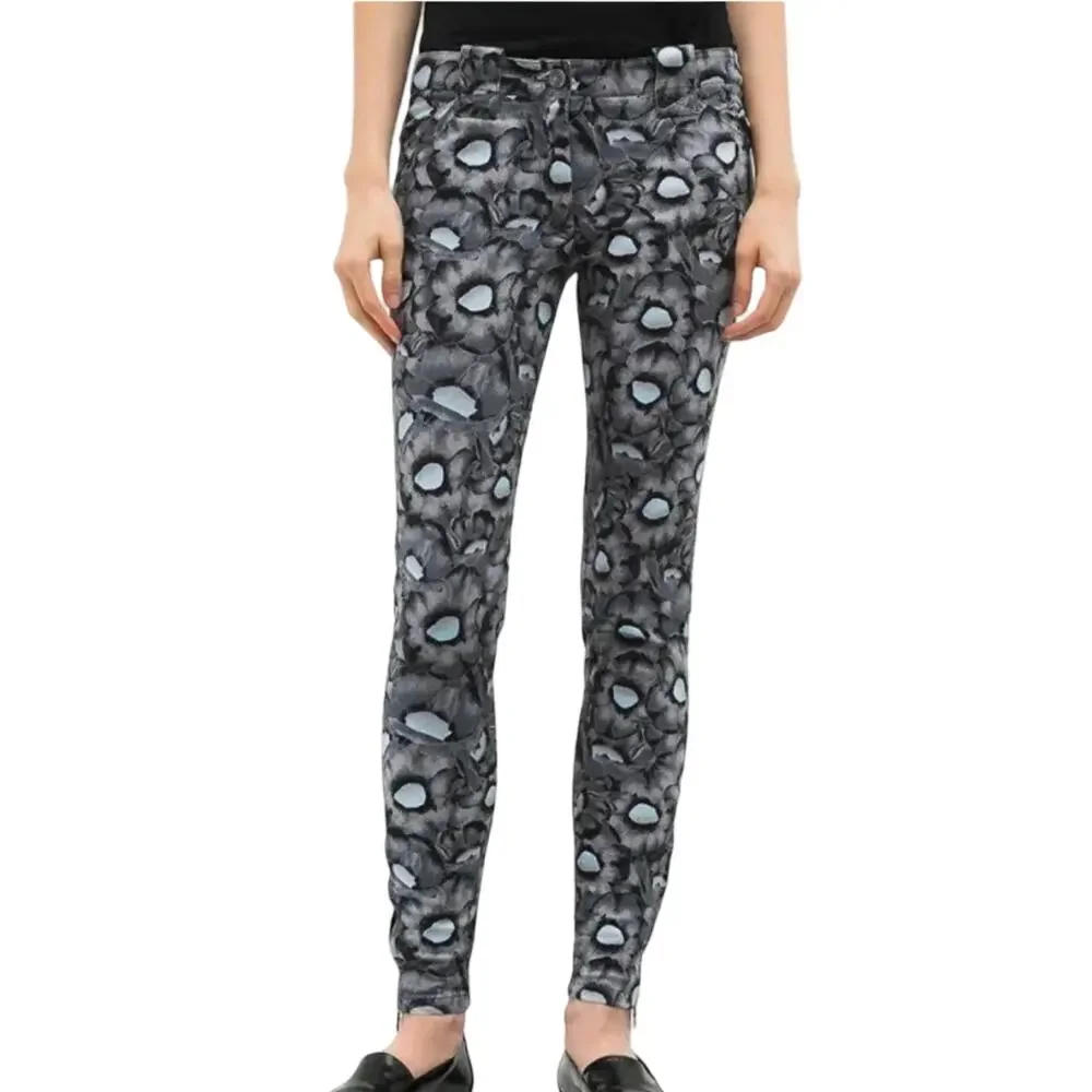 Kenzo Gray Black Blue Iridescent Floral Zip Ankle Stretch Skinny Jeans Sz 38 / 8